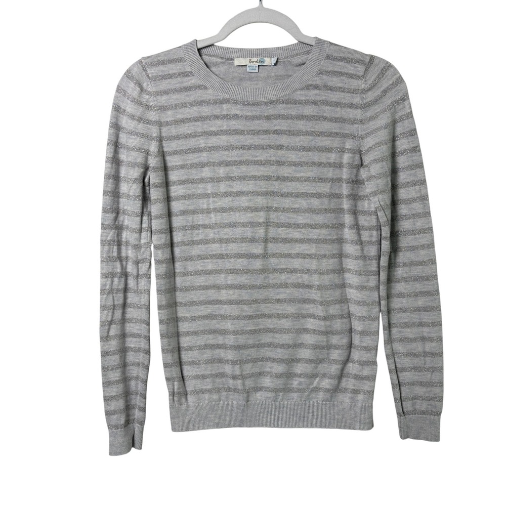 Boden Sweater Womens XS Grey Silver Metallic Striped Silk Blend Crewneck WV118